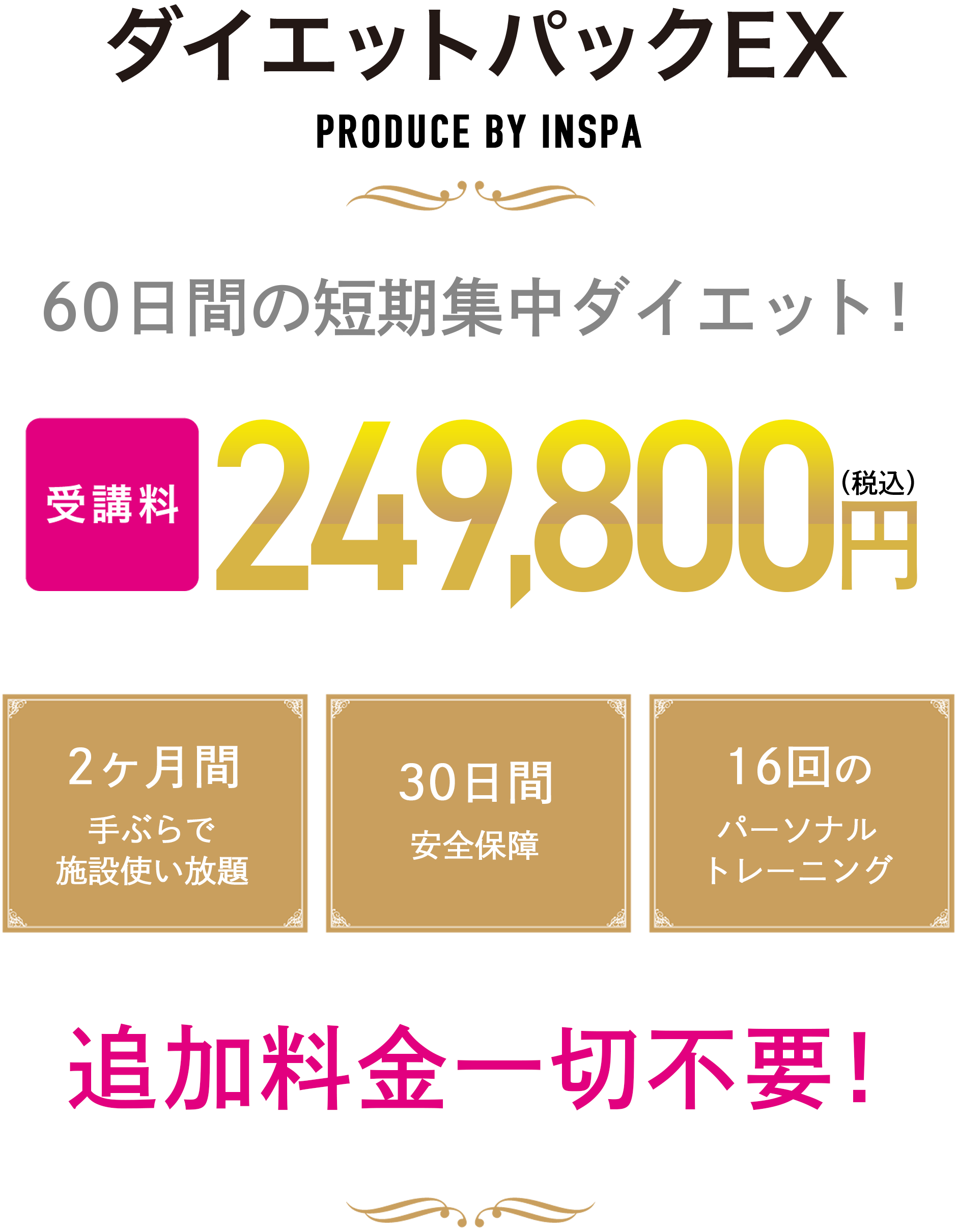 ダイエットパックEX PRODUCE BY INSPA 60日間の短期集中ダイエット! 2ヶ月間手ぶらで施設使い放題・30日間安全保障・16回のパーソナルトレーニング 追加料金一切不要!